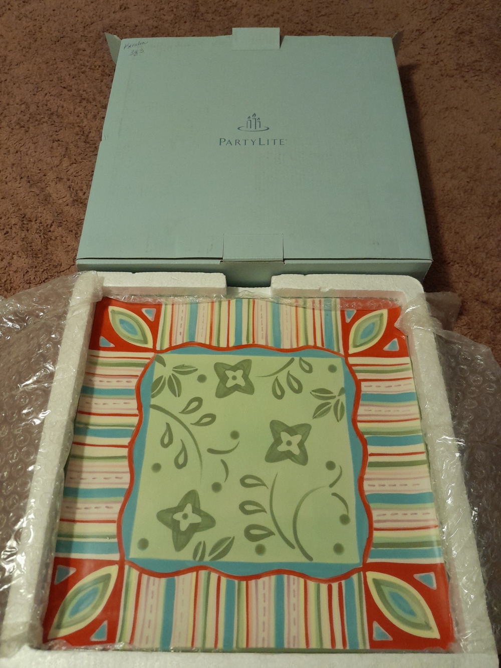 PartyLite Multicolor Floral Stripe Decorative Candle Plate